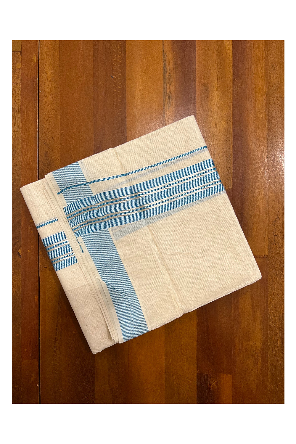 Off White Kerala Double Mundu with Silver Kasavu and Light Blue Line Border (South Indian Dhoti)