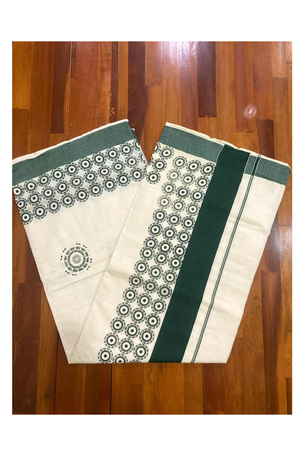 Pure Cotton Kerala Saree with Green Block Prints on Border and Pallu