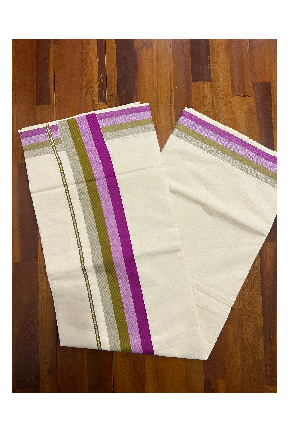 Kerala Cotton Saree with Magenta and Pale Green Lines Border Design