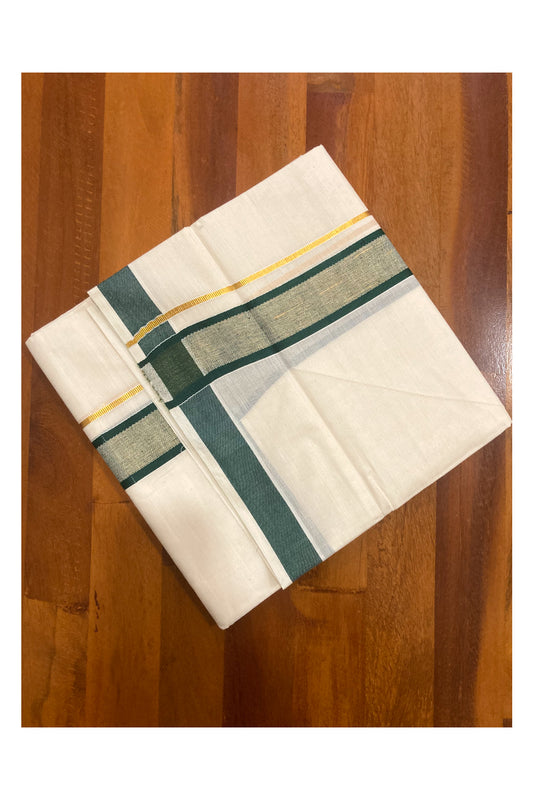 Off White Pure Cotton Double Mundu with Kasavu and Green Border (South Indian Dhoti)