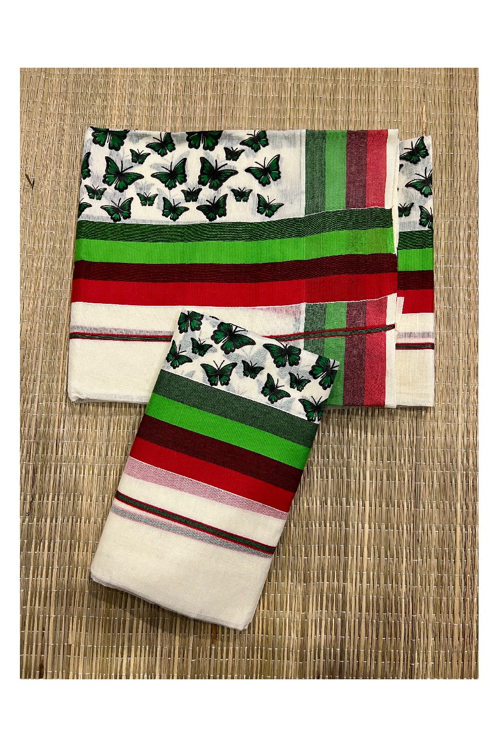 Kerala Cotton Set Mundu (Mundum Neriyathum) with Red Light Green Butterfly Block Prints on Border