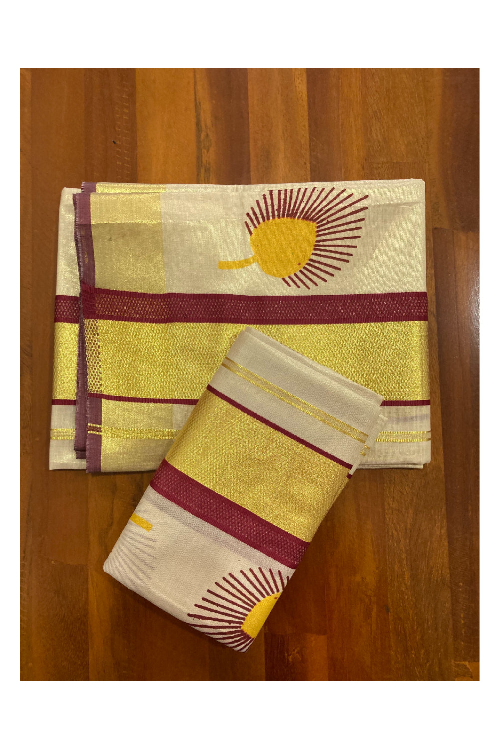 Tissue Set Mundu with Hand Block Printed Red and Yellow Design