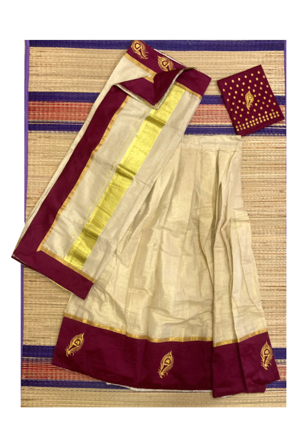 Semi Stitched Dhavani Set with Tissue Pavada and Maroon Designer Blouse Piece