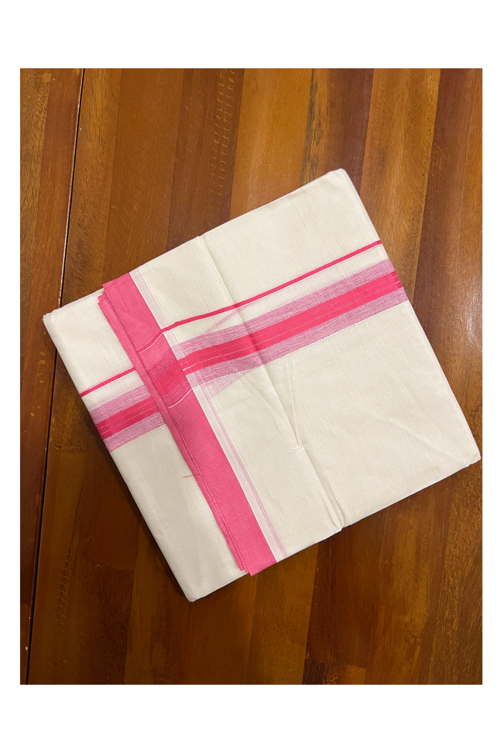 Pure Cotton Off White Double Mundu with Pink Border (South Indian Dhoti)
