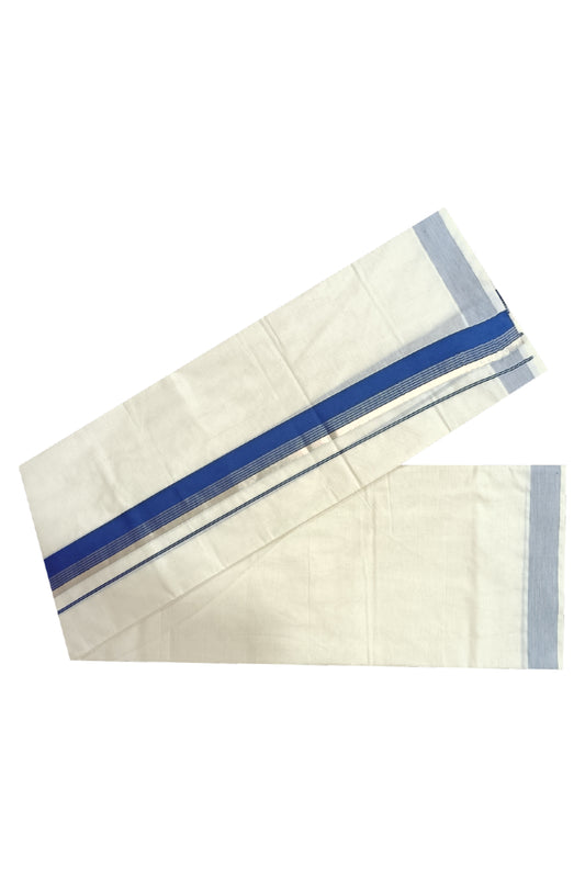 Off White Kerala Double Mundu with Silver Kasavu and Blue Kara (South Indian Dhoti)