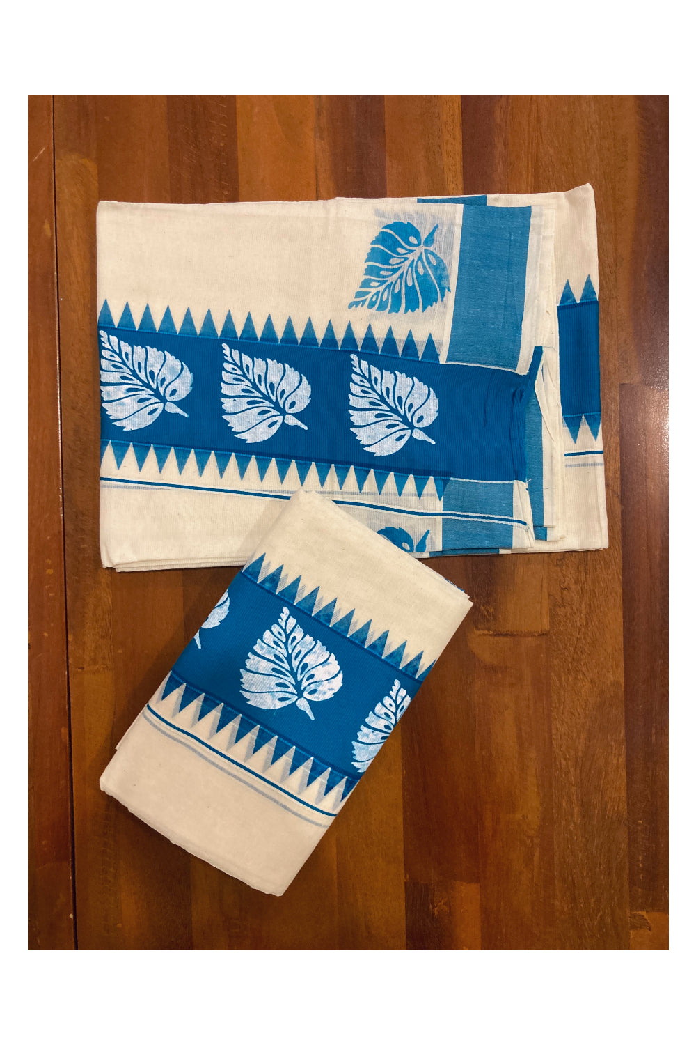 Kerala Cotton Set Mundu (Mundum Neriyathum) with White Leaf Block Prints on Blue Temple Border