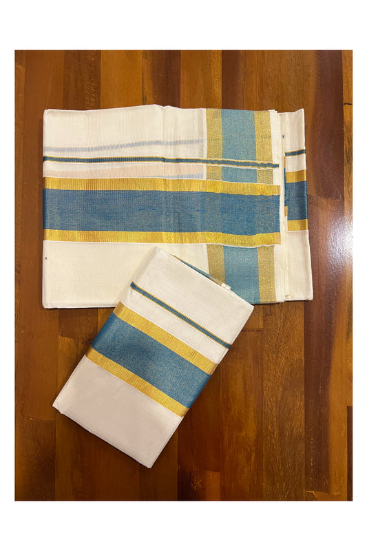 Kerala Cotton Mundum Neriyathum Single (Set Mundu) with Blue and Kasavu Border 2.80 Mtrs