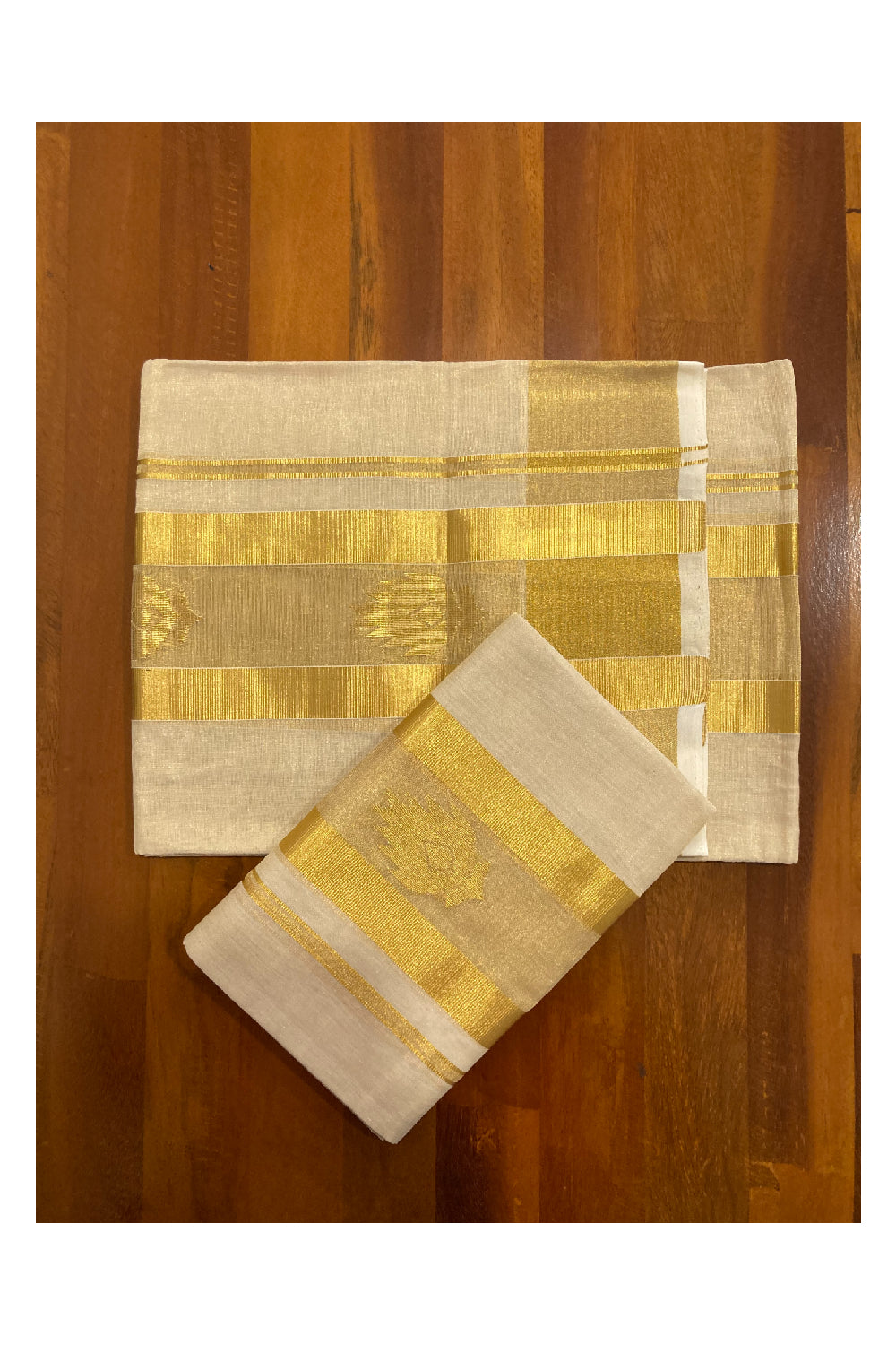 Southloom Handloom Tissue Kasavu Premium Set Mundu with Butta Work Across Border (2.80 m)