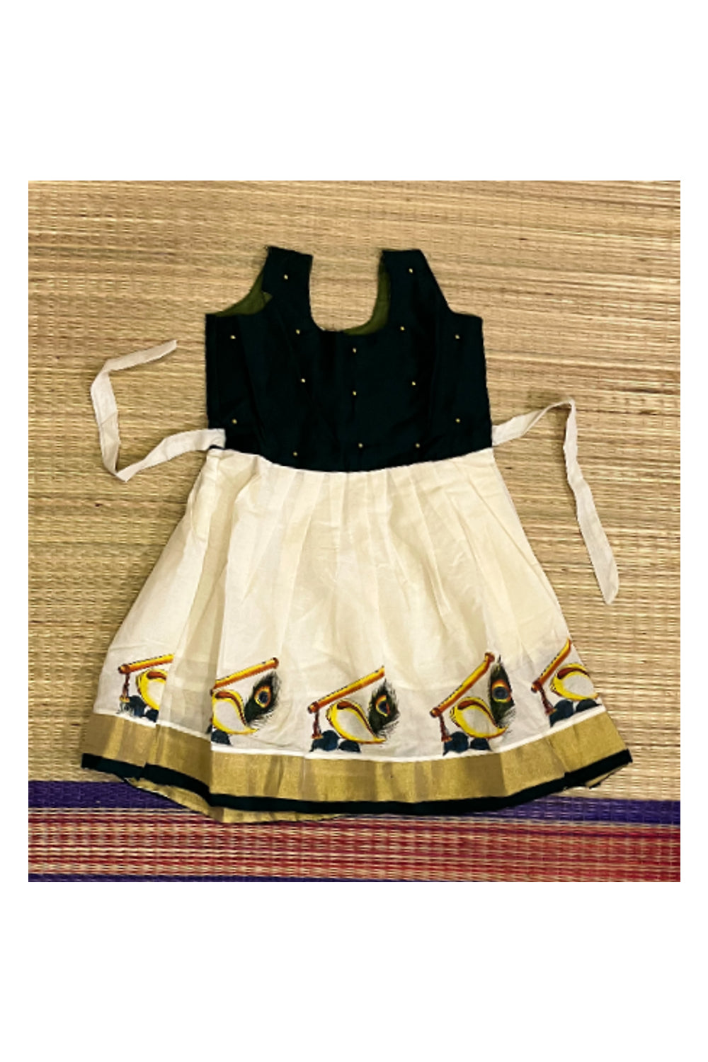 Southloom Kerala Kasavu Frock with Bead Work & Mural Design (Age- 5 Year)