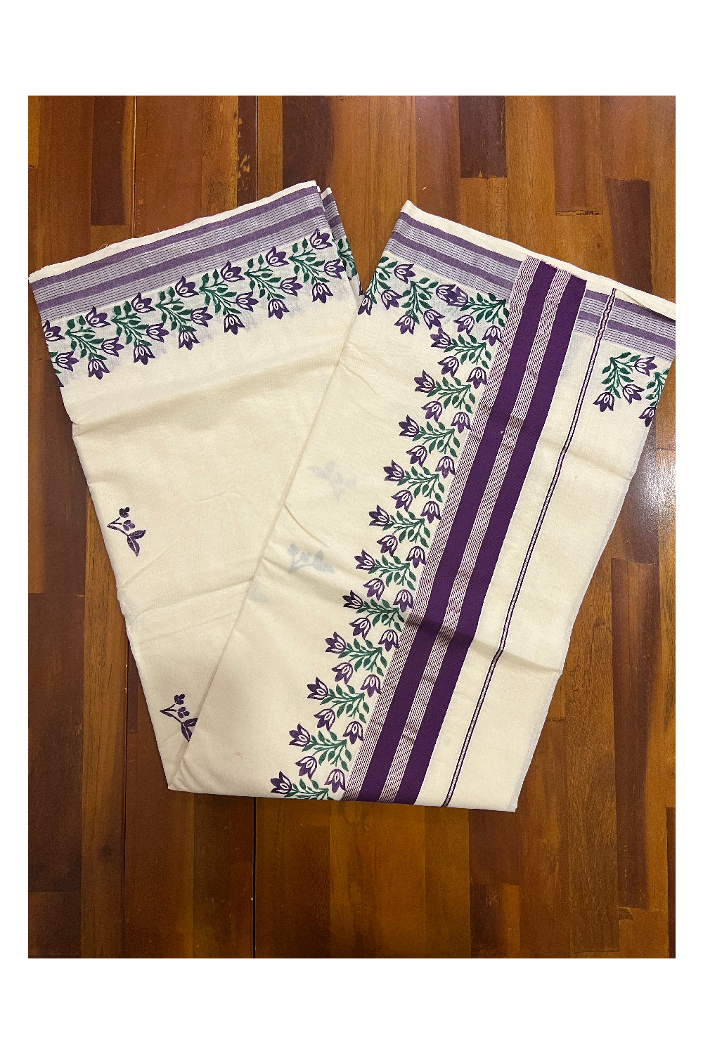 Pure Cotton Kerala Silver Kasavu Saree with Purple and Green Floral Block Printed Design