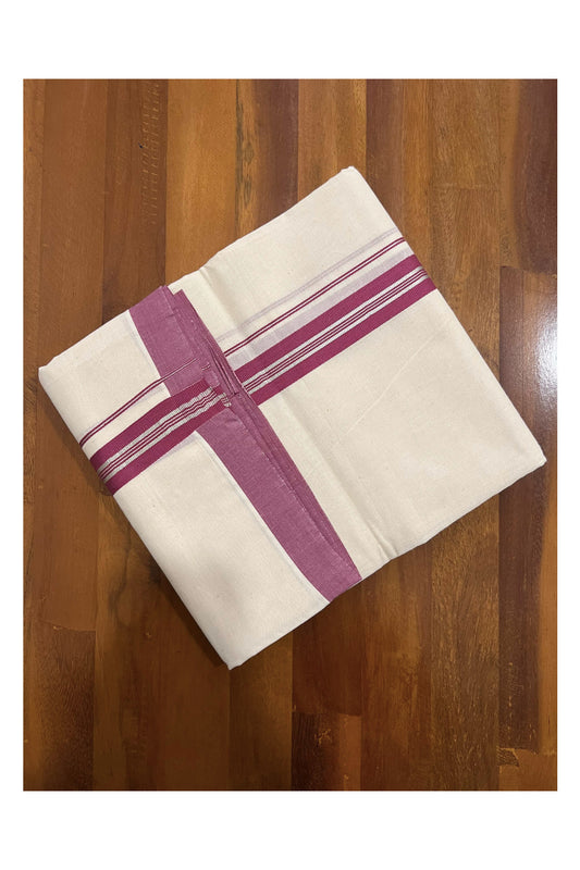 Off White Pure Cotton Double Mundu with SIlver Kasavu and Dark Red Kara (South Indian Dhoti)