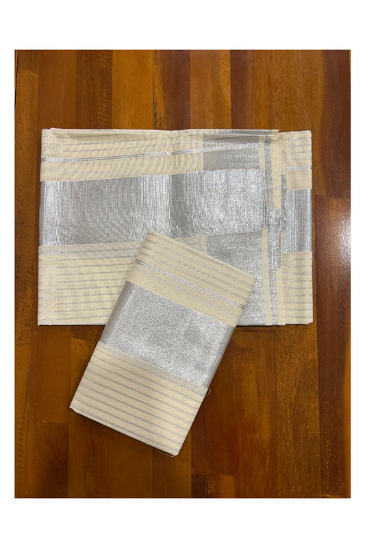 Kerala Cotton Set Mundu (Mundum Neriyathum) with Silver Kasavu Lines on Body 2.80 Mtrs