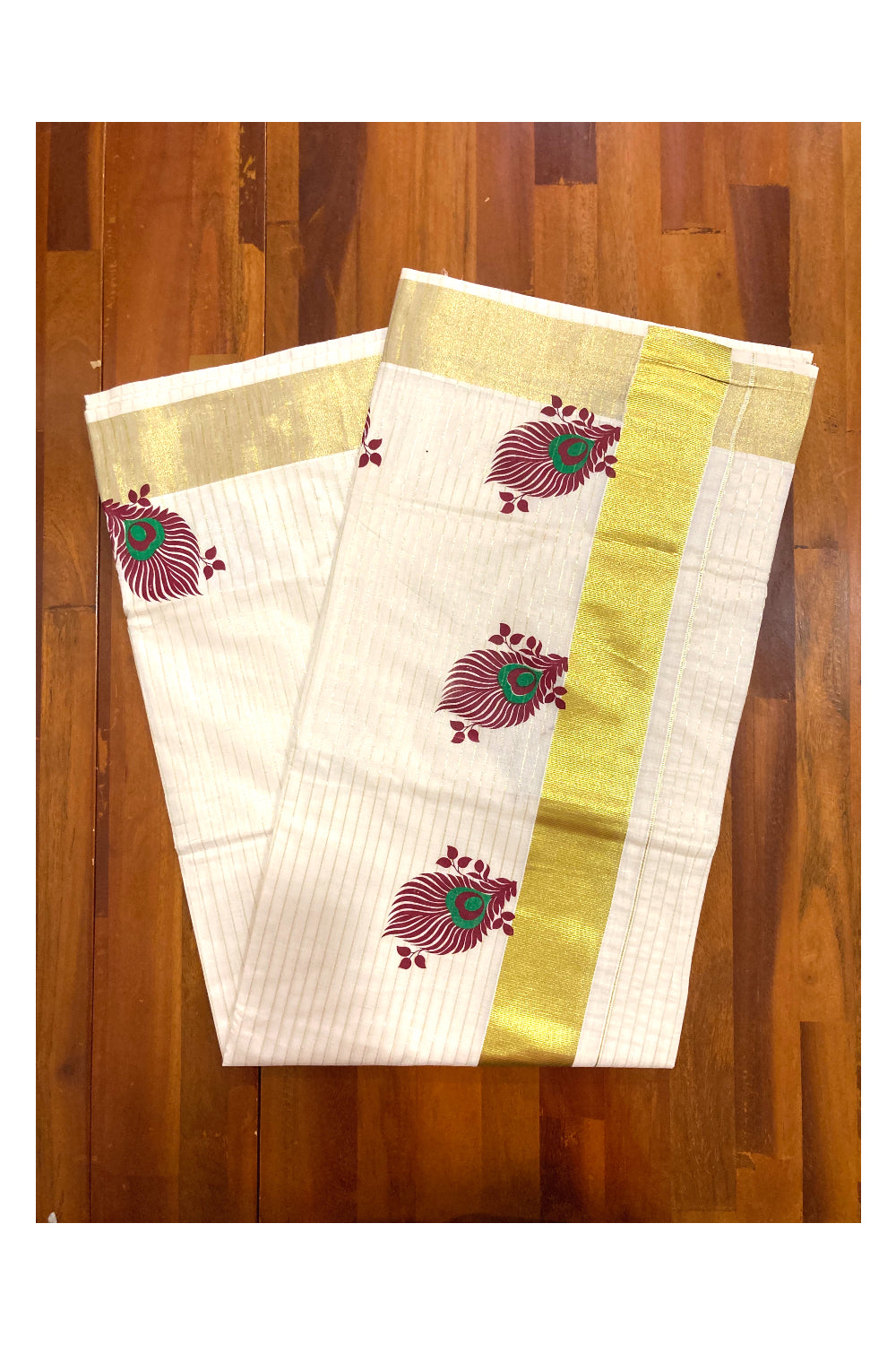 Pure Cotton Kerala Kasavu Lines Saree with Maroon and Green Block Prints on Border