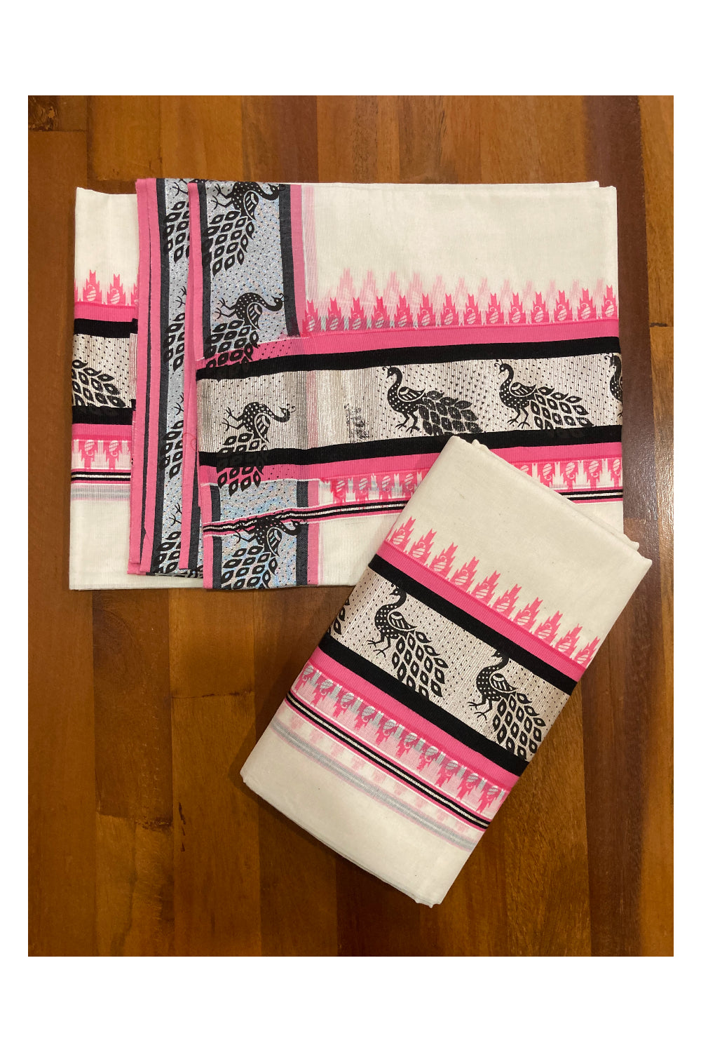 Cotton Silver Kasavu Set Mundu (Mundum Neriyathum) with Black and Pink Block Prints on Border 2.80 Mtrs