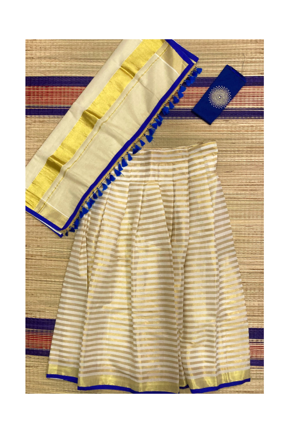 Kerala Cotton Semi Stitched Dhavani Set with Lines Work Pavada and Blue Blouse Piece