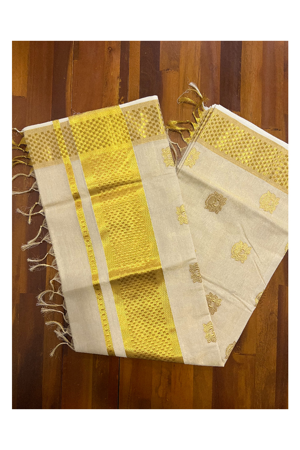 Southloom Premium Handloom Tissue Kasavu Saree with Paa Neythu Woven Border and Floral Works on Body