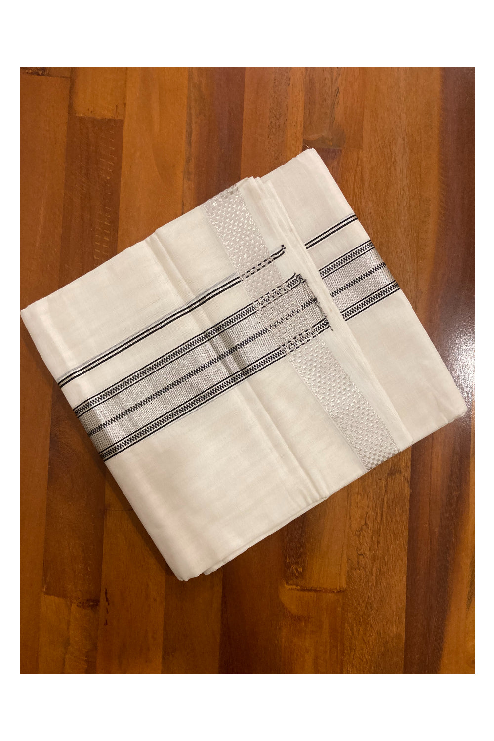 Southloom Premium Handloom Pure Cotton Mundu with Black and Silver Kasavu Border (South Indian Dhoti)