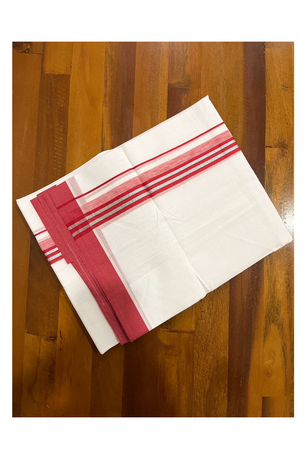 Pure White Cotton Double Mundu with Silver Kasavu and Red Border (South Indian Kerala Dhoti)