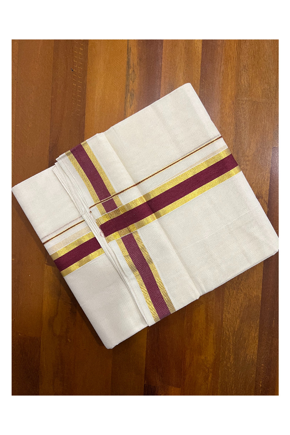 Southloom Balaramapuram Handloom Pure Cotton Mundu with Maroon and Kasavu Border (South Indian Dhoti)