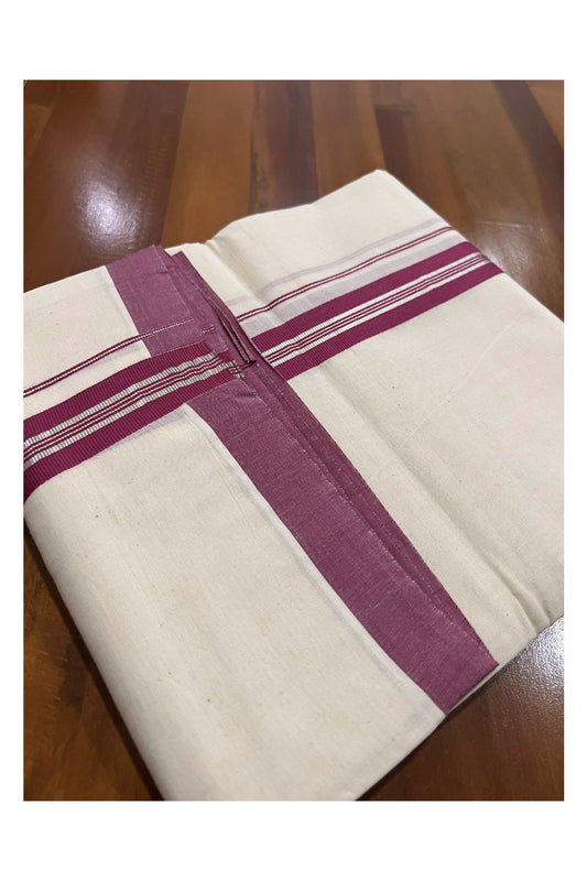 Off White Pure Cotton Double Mundu with SIlver Kasavu and Dark Red Kara (South Indian Dhoti)