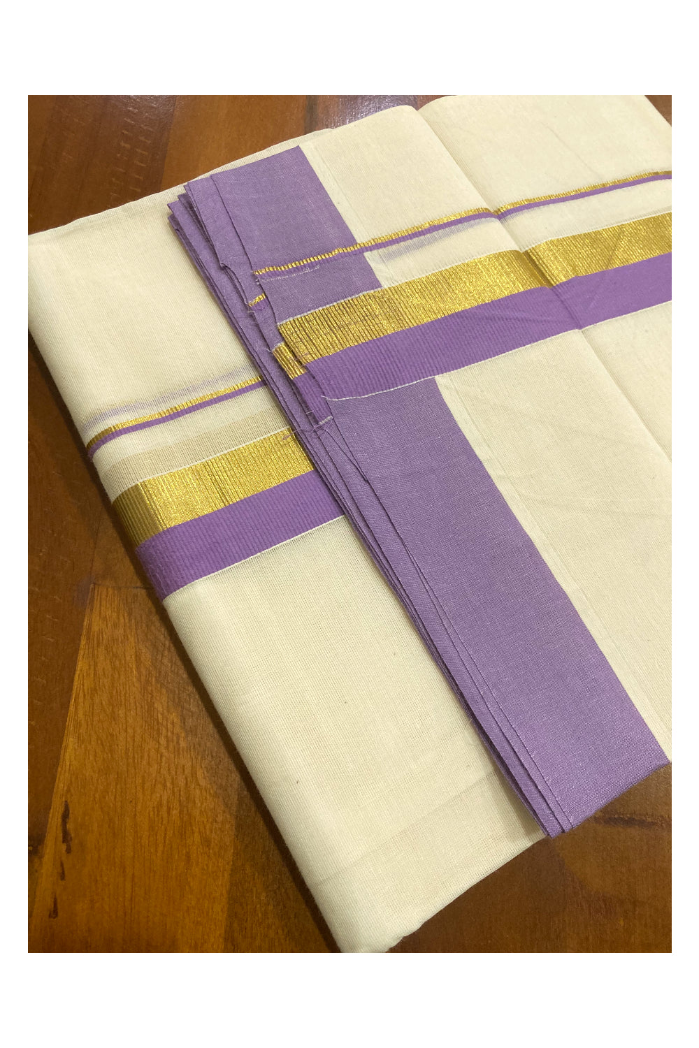 Pure Cotton Double Mundu with Violet and Kasavu Border (South Indian Dhoti)