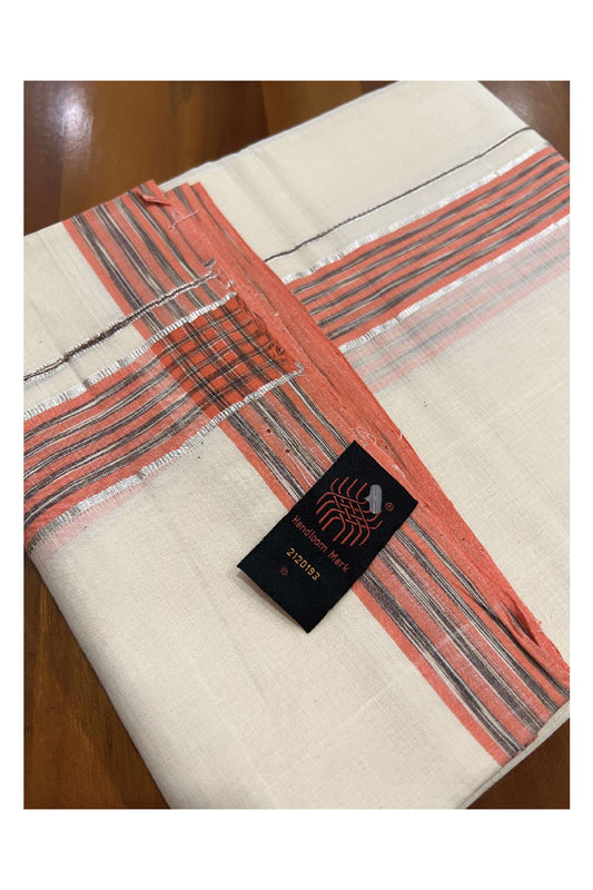 Southloom Balaramapuram Pure Cotton Handloom Mundu with Silver Kasavu and Orange Brown Lines Border