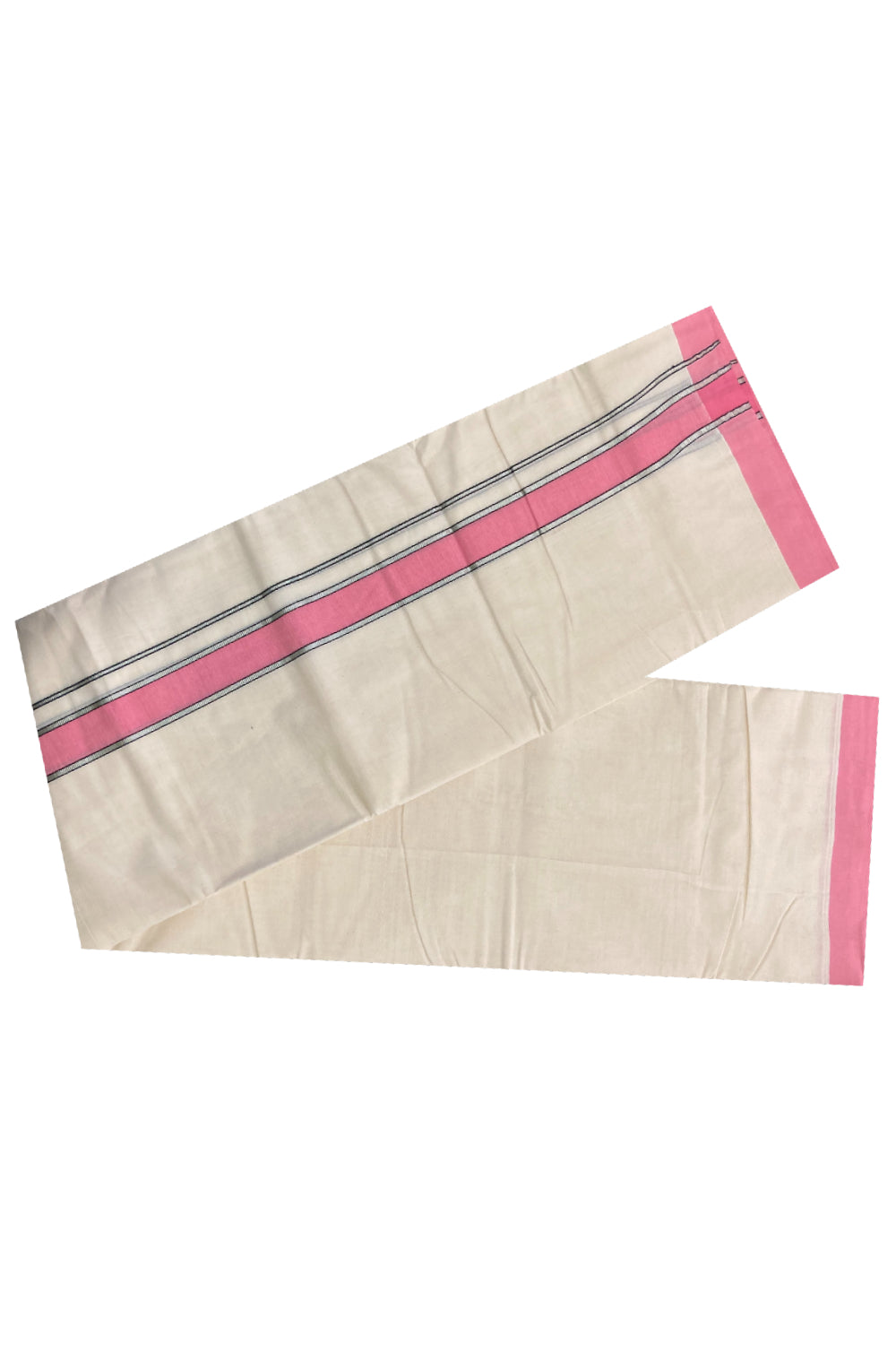Off White Kerala Double Mundu Silver Kasavu and Pink Kara (South Indian Dhoti)