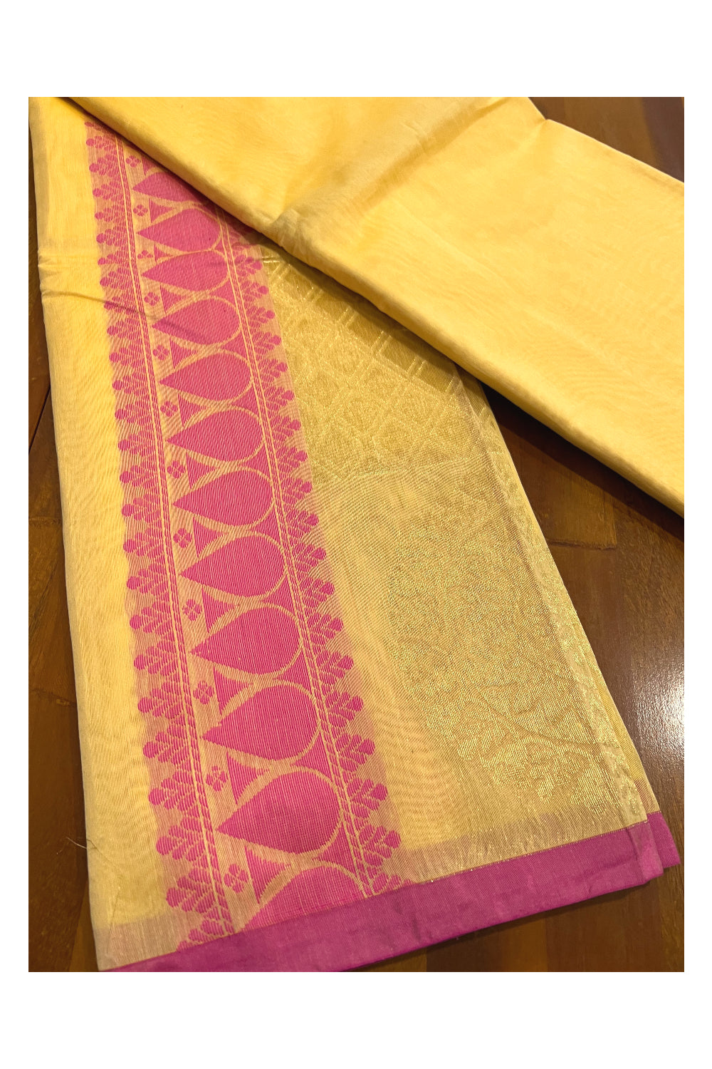 Southloom Yellow Cotton Silk Saree with Kasavu Woven Works and Pink Border