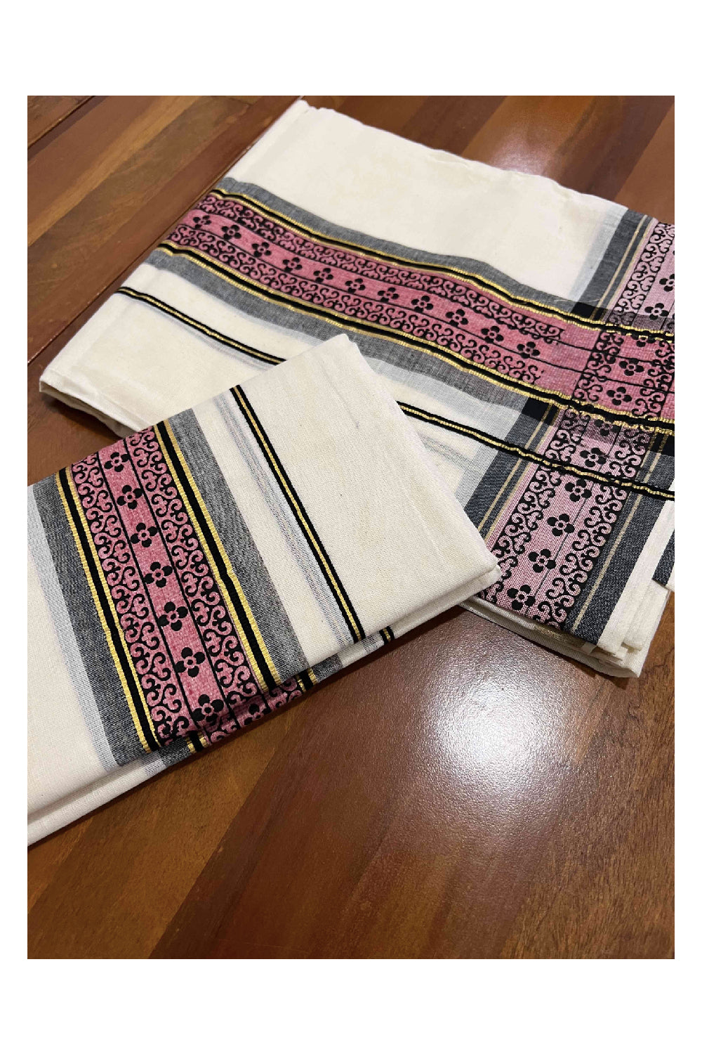 Kerala Cotton Set Mundu (Mundum Neriyathum) with Kasavu Red and Black Block Print Border