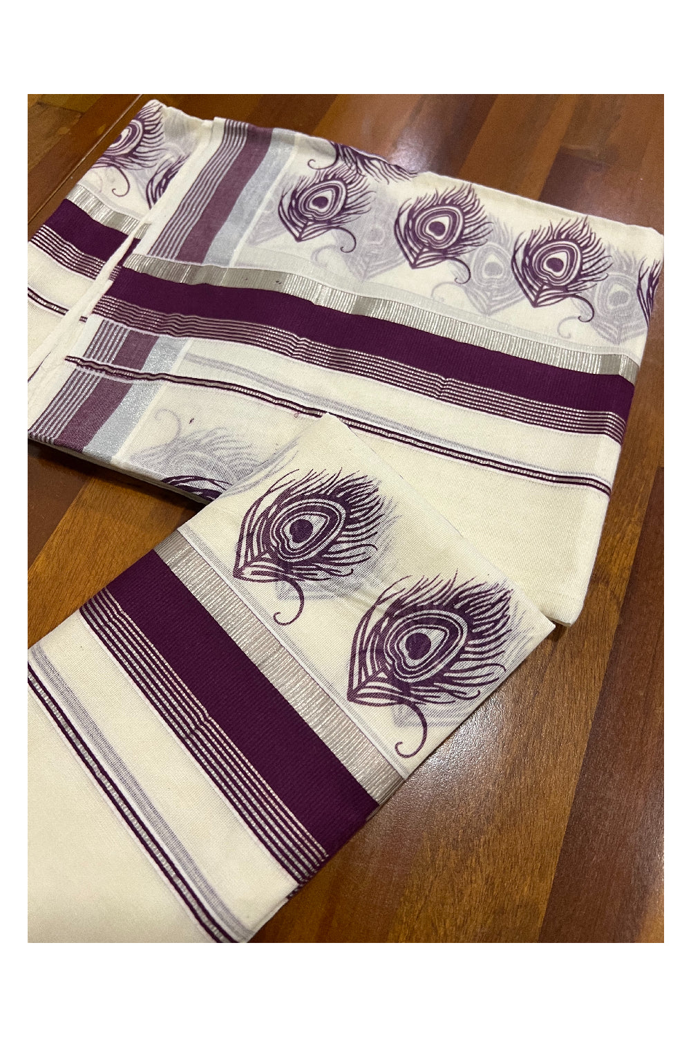 Pure Cotton Silver Kasavu Set Mundu (Mundum Neriyathum) with Purple Feather Block Prints on Border