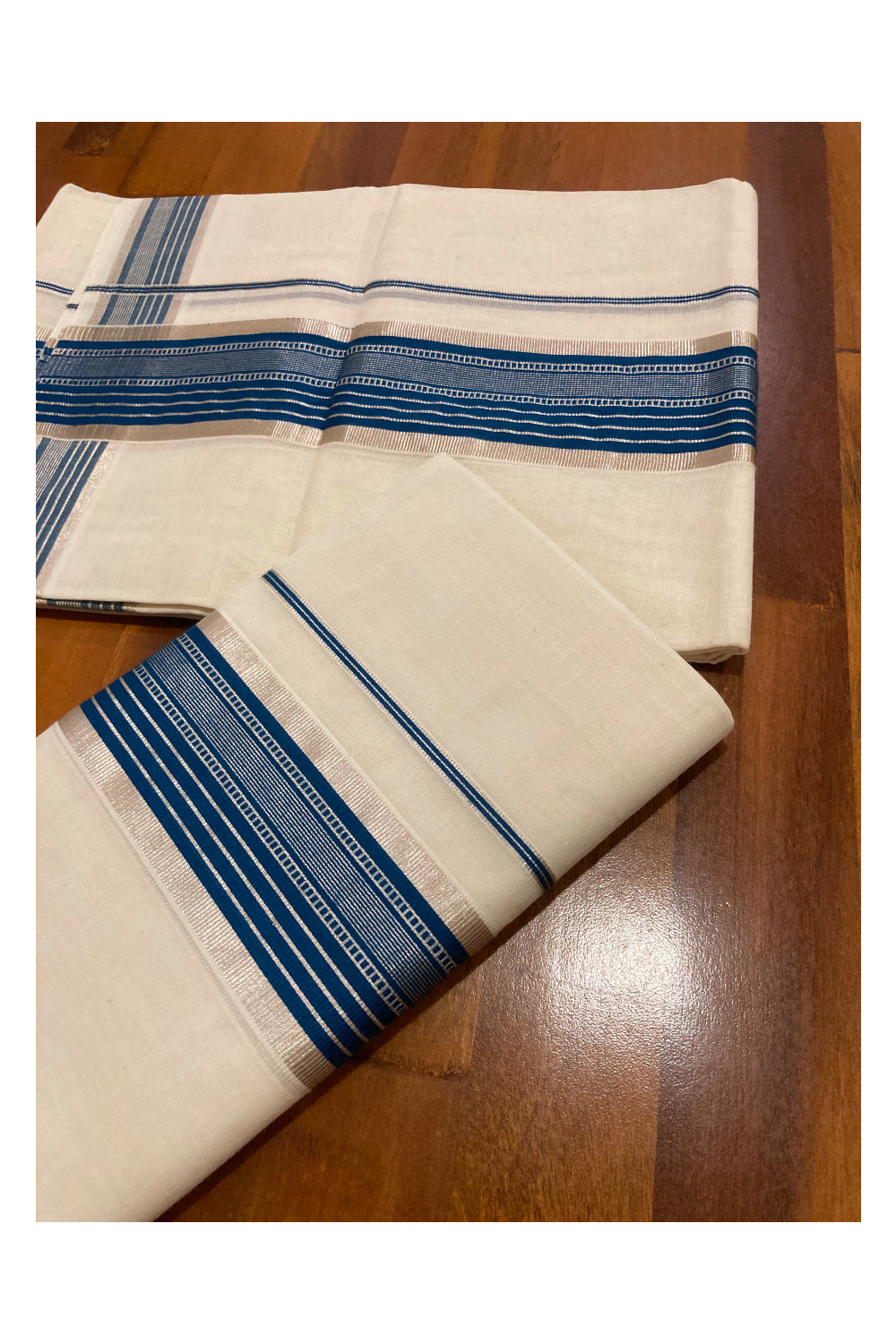 Southloom Premium Handloom Single Set Mundu with Silver Kasavu and Blue Border