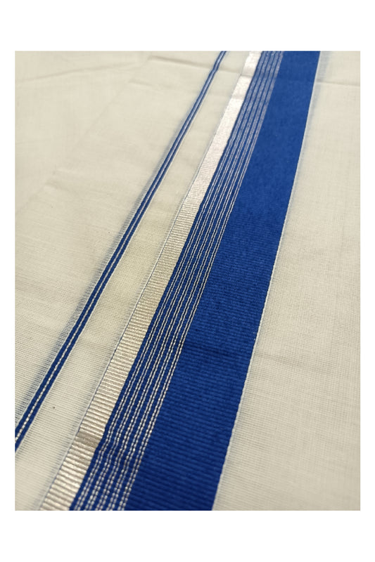 Off White Kerala Double Mundu with Silver Kasavu and Blue Kara (South Indian Dhoti)