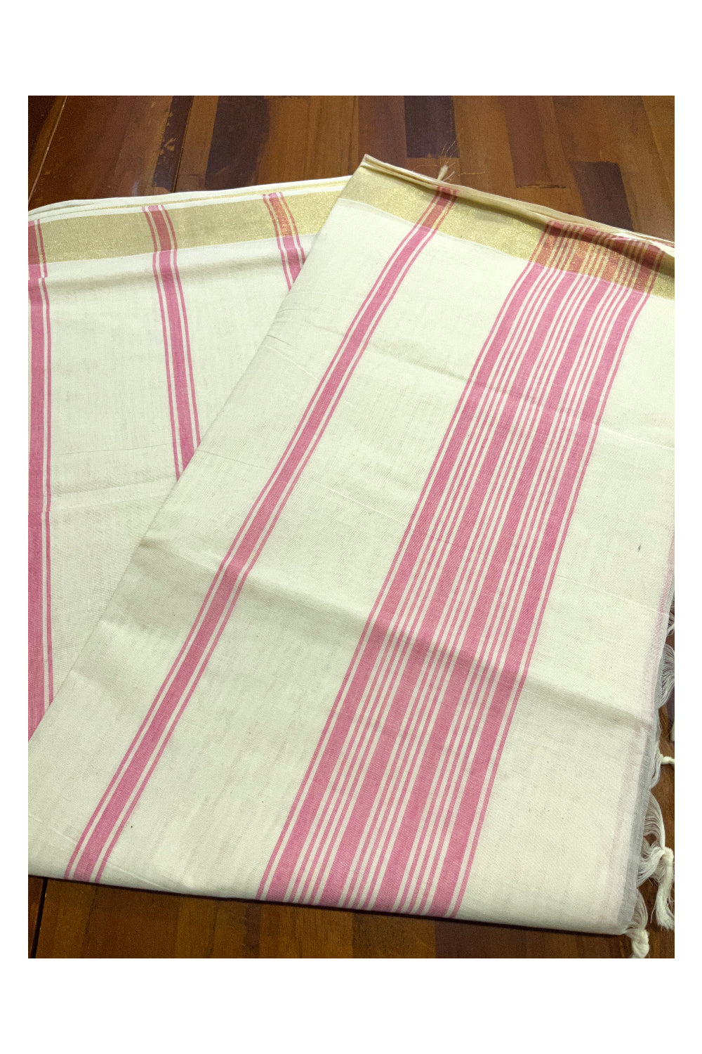 Pure Cotton Off White Kerala Saree with Pink Pallu and Lines Design Running Blouse Piece (Onam Saree 2023)