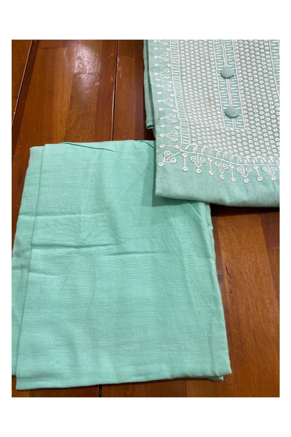 Southloom™ Cotton Churidar Salwar Suit Material in Green with White Thread work Design