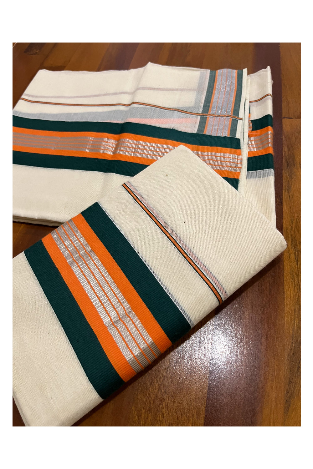 Pure Cotton Mundum Neriyathum Single (Set Mundu) with Silver Kasavu Green and Orange Border 2.80 Mtrs