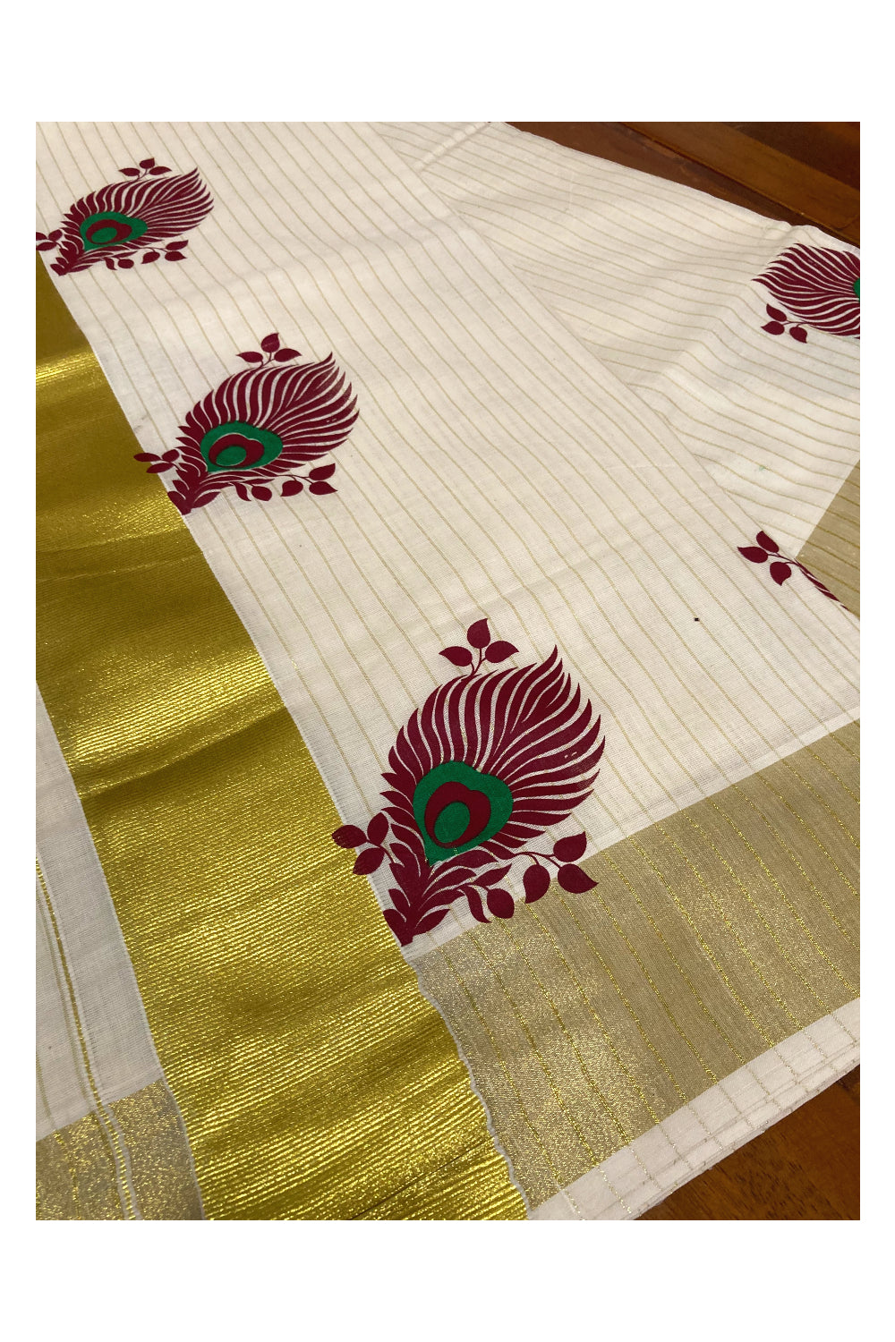 Pure Cotton Kerala Kasavu Lines Saree with Maroon and Green Block Prints on Border