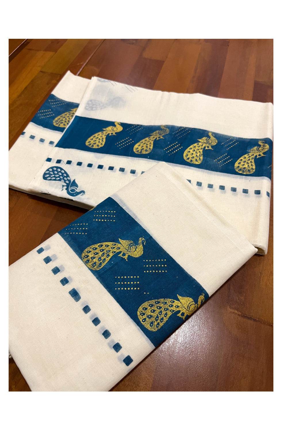 Kerala Cotton Set Mundu (Mundum Neriyathum) with Golden Peacock Block Prints on Blue Border 2.80 Mtrs