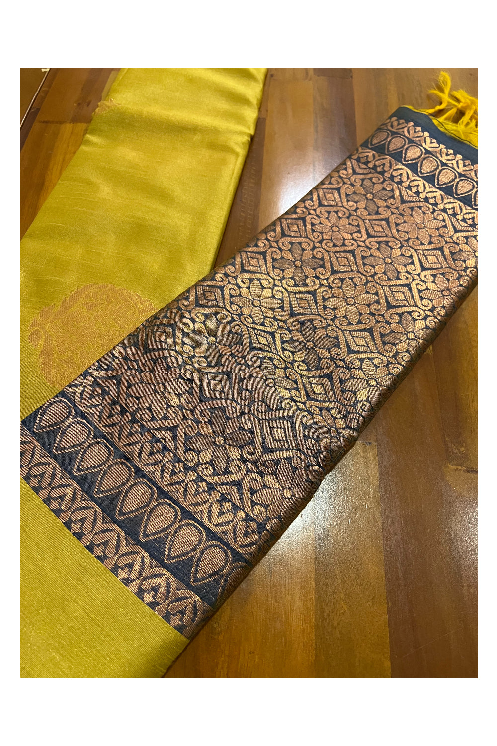 Southloom Mustard Yellow Semi Silk Designer Saree with Copper Kasavu Woven Works on Body