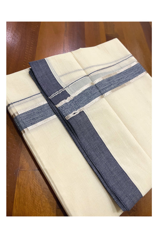 Pure Cotton Off White Double Mundu with Silver Kasavu and Blue Border (South Indian Dhoti)