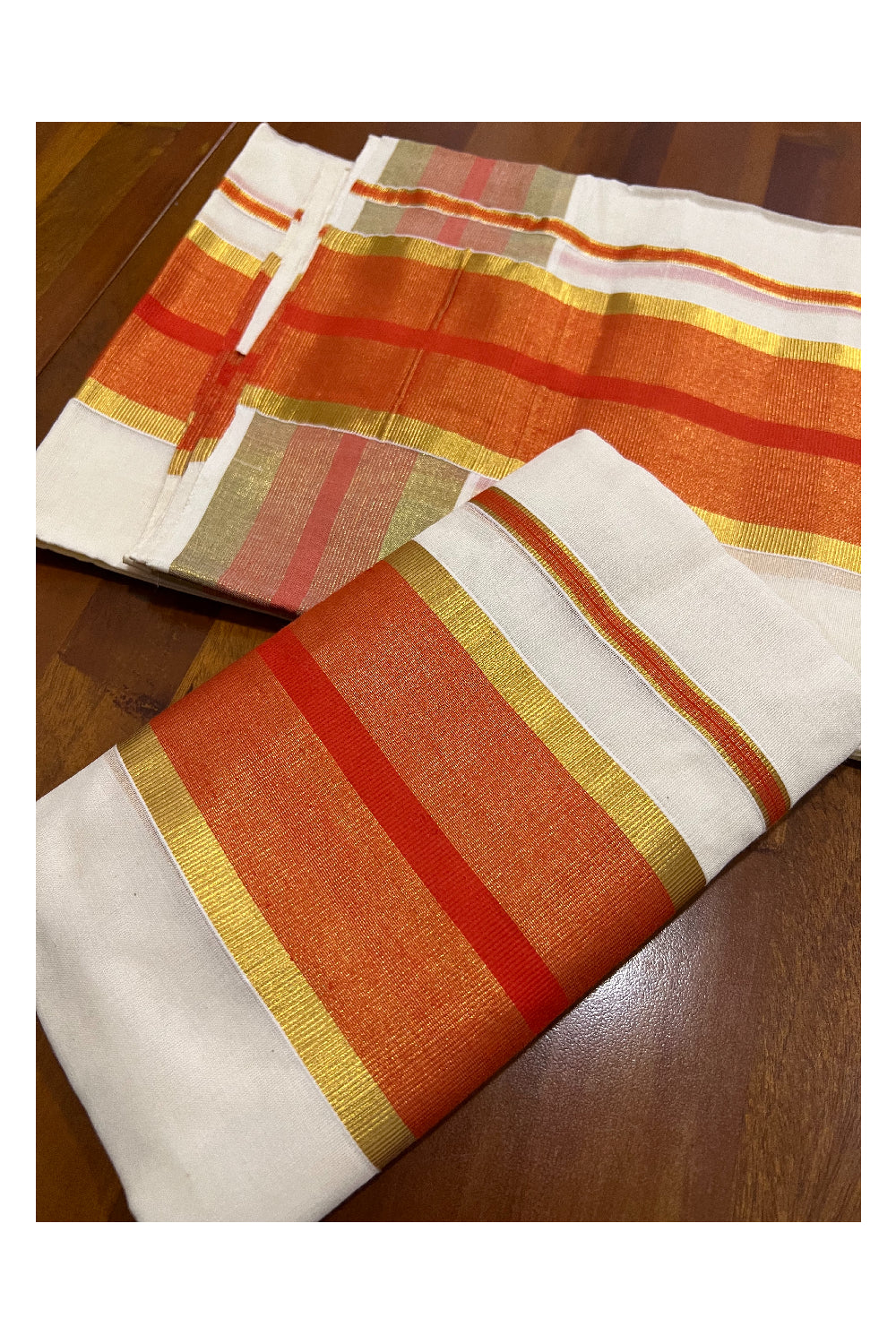 Pure Cotton Kerala Single Set Mundu (Mundum Neriyathum) with Orange and Kasavu Border 2.80 Mtrs