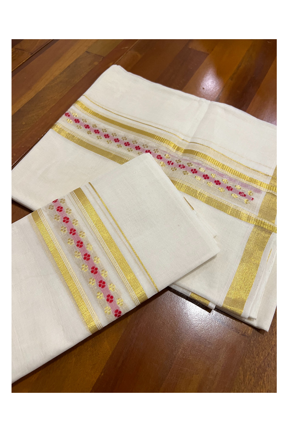 Southloom Handloom Premium Cotton Set Mundu with Kasavu Woven Work on Border (Rose Woven Dots)