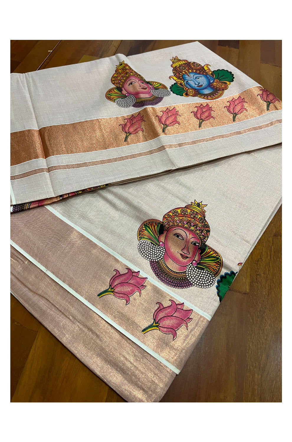 Kerala Copper Tissue Kasavu Saree With Mural Printed Krishna Radha Design