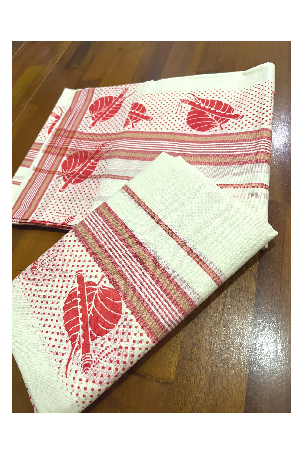 Kerala Cotton Mulloth Mundum Neriyathum Single (Set Mundu) with Peach Block Printed Border (Extra Soft Cotton)