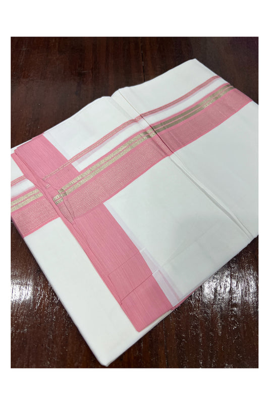 Pure White Cotton Double Mundu with Silver Kasavu and Pink Border (South Indian Dhoti)