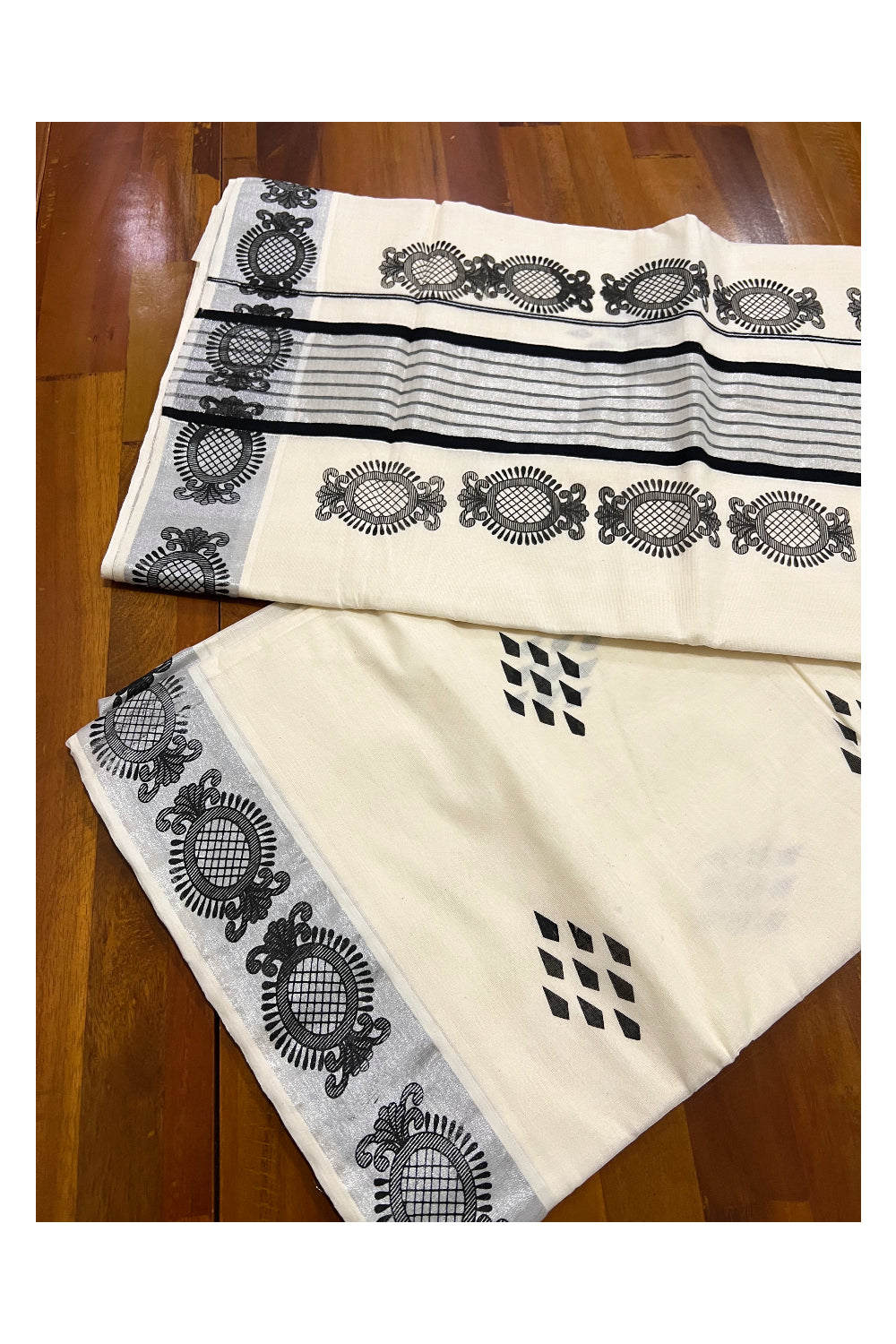 Pure Cotton Kerala Saree with Black Block Prints and Black SIlver Kasavu Border