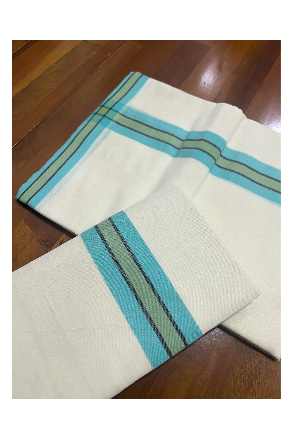 Kerala Cotton Mundum Neriyathum Single (Set Mundu) with Turquoise and Green Mulloth Border (Extra Soft Cotton)