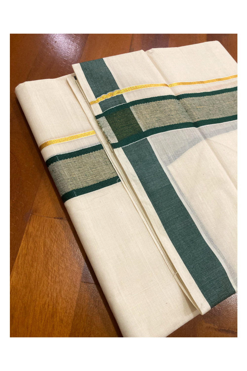 Off White Pure Cotton Double Mundu with Kasavu and Green Border (South Indian Dhoti)