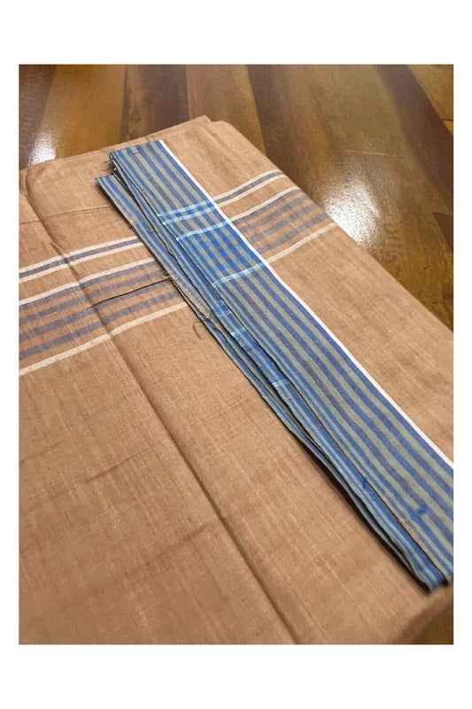 Southloom Premium Handloom Dark Saffron (Kaavi) Single Mundu with Blue Border (Lungi)