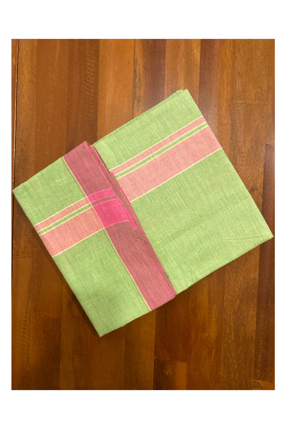 Southloom Premium Handloom Light Green Solid Single Mundu (Lungi) with Pink Border