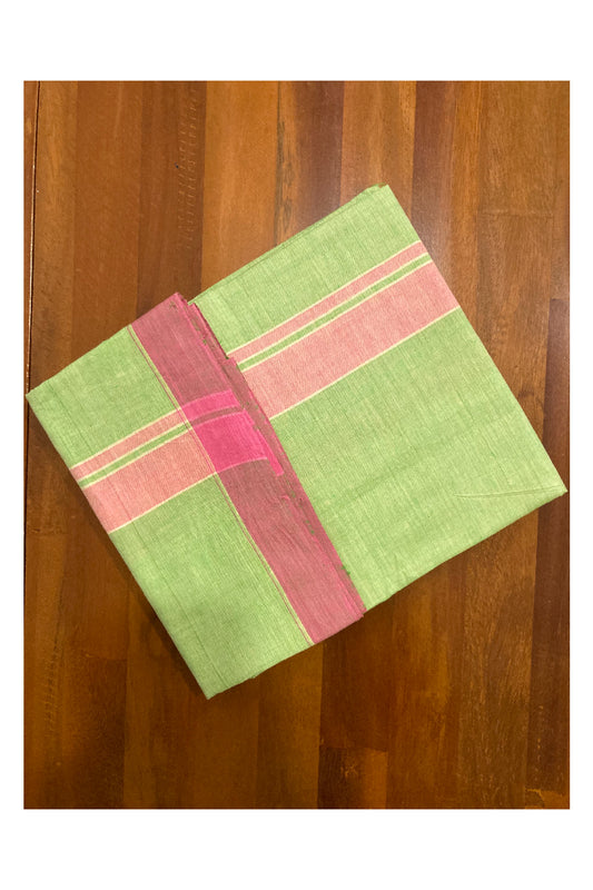 Southloom Premium Handloom Light Green Solid Single Mundu (Lungi) with Pink Border